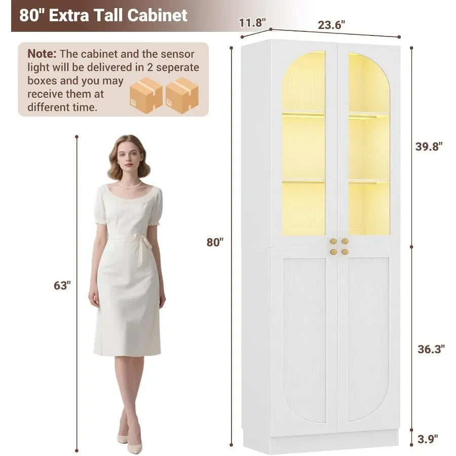 Pantry for kitchen use, tempered glass doors, black finish, motion sensor lighting