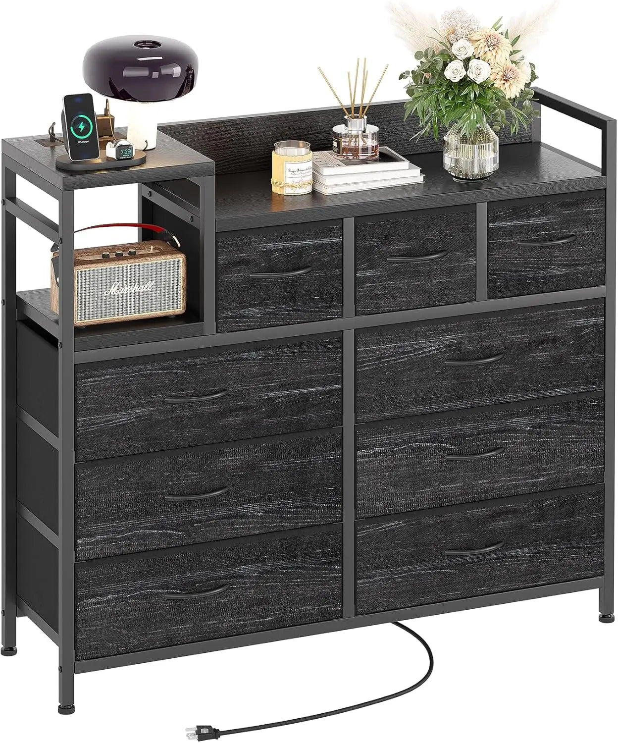 9 Drawer Storage Bedroom Dresser TV Stand |   Multi-Functional with Built-in Charging Station Tall Dresser for Closet O