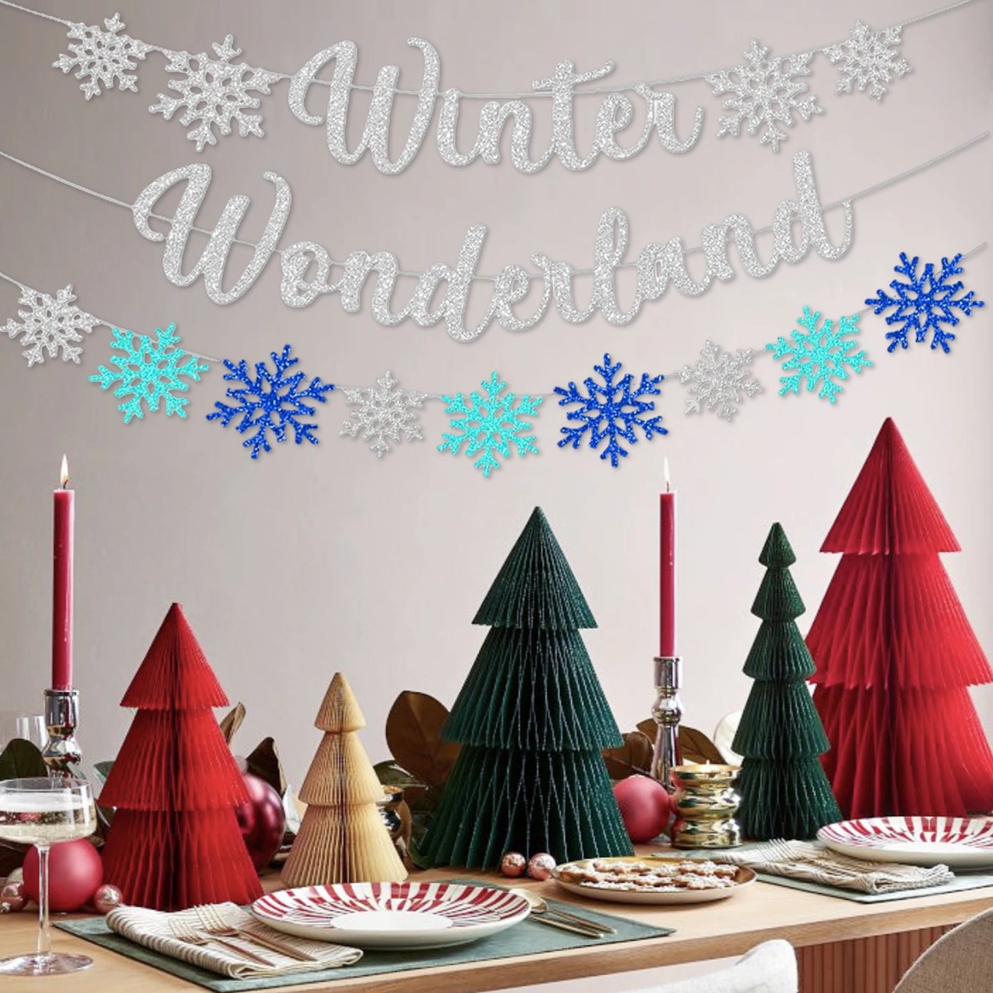 3Pcs Winter Wonderland Banners, Glittery Snowflake Banner Christmas Decorations Banners Winter Holiday Garland Photo Props