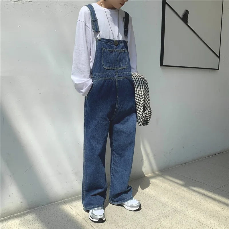 Men Denim Overalls Retro Japanese Style Loose Fit Straight Leg Adjustable Suspenders Casual Streetwear Pants for Everyday Wear