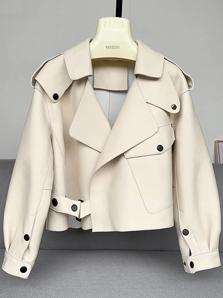Women's Sheepskin Coat Plus Size Short Loose Veste Femme Large Lapel Pocket Gray/Dark Green/Pink/Khaki Locomotive Leather Jacket