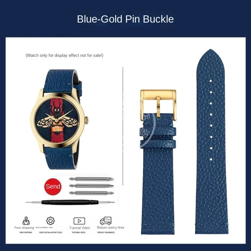 watch band For GUCCI YA1264065 Little Bee Embroidered Gucci Men's and Women's Green Genuine Lea/ther Watch Strap 20mm Bracelet