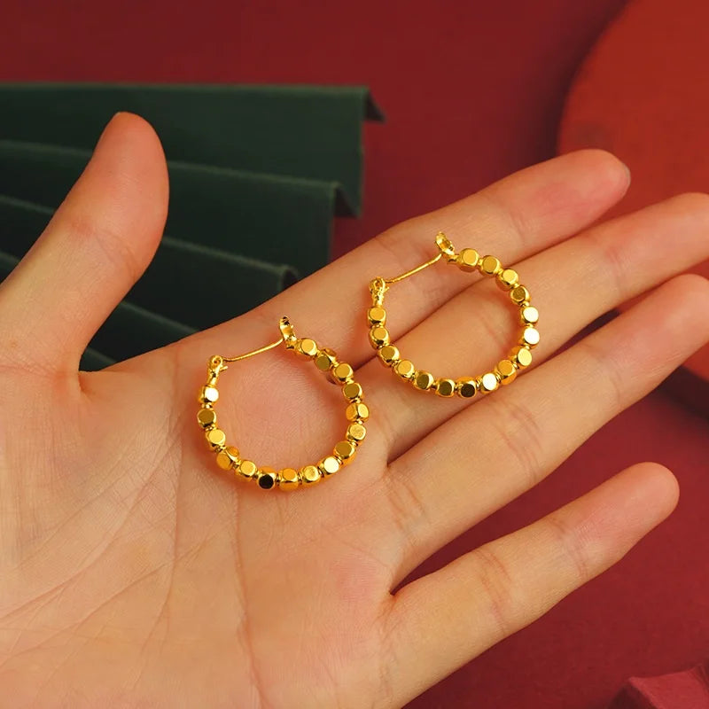 KISS&FLOWER Gold Beads Hoop Earrings For Women Female Party Birthday Wedding Christmas Bride Mother Girlfriend Ladies Gift ER434