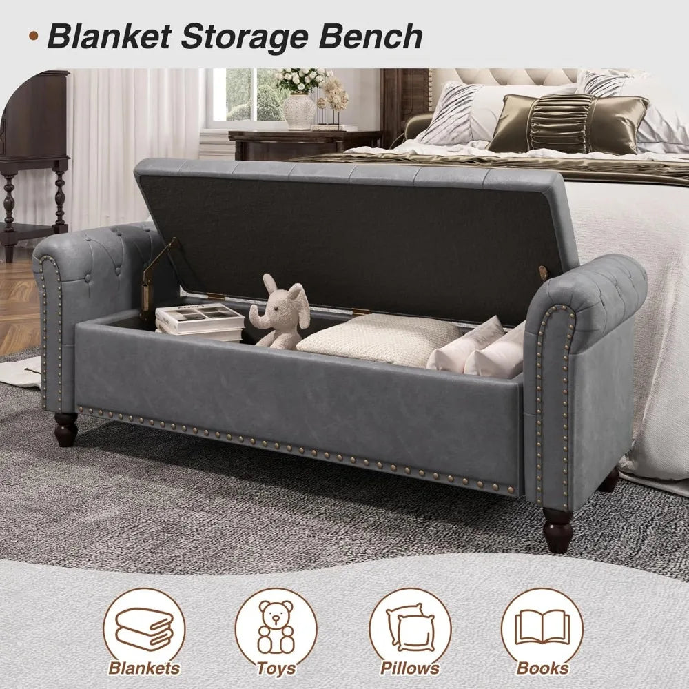 Bedroom Bench, End of Bed Bench with Storage, Bed Benches for Foot of Bed, Faux Leather Window Bench with Rolled