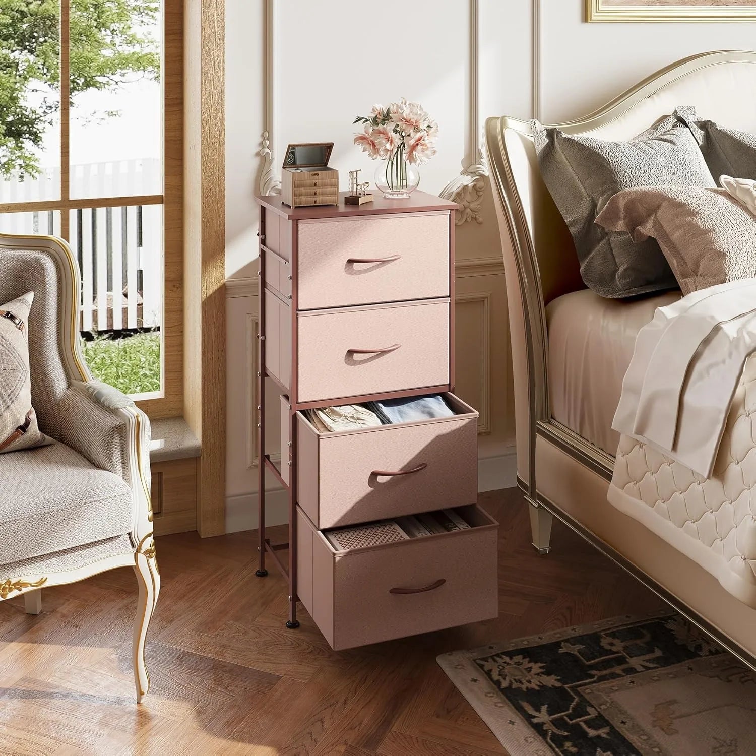 4 Drawers Dresser for Bedroom, Pink Rose Gold Fabric Clothes Storage Organizer Unit, Dresser for Hallway, Entryway,  Wood Top