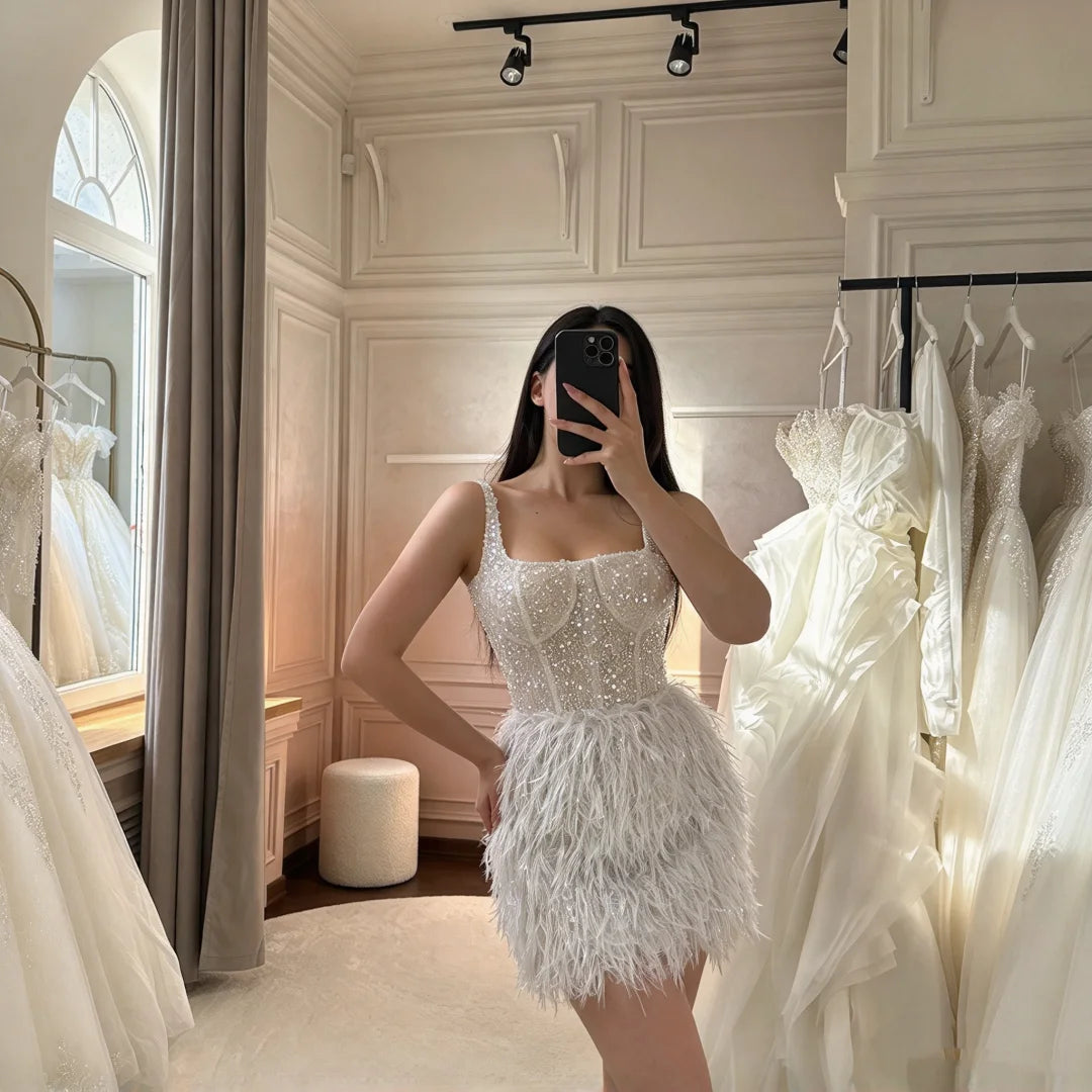 Square Neck Feather Short Wedding Dress Spaghetti Strap Beaded Corset Mini Bridal Gown Lace Up Back Reception Party Dress Custom