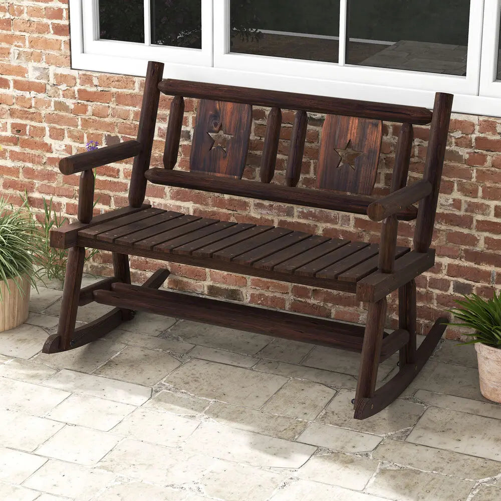 Patio Rocking Bench Carbonized Wood Double Rocker Chair w/ Ergonomic Seat