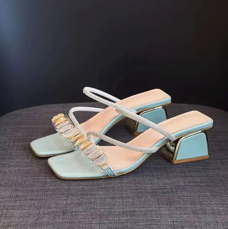 2025 New Women's Fashionable Rhinestone High-heeled Sandals Summer Women's Sexy Sandals Women's Leather Sandals Plus Size