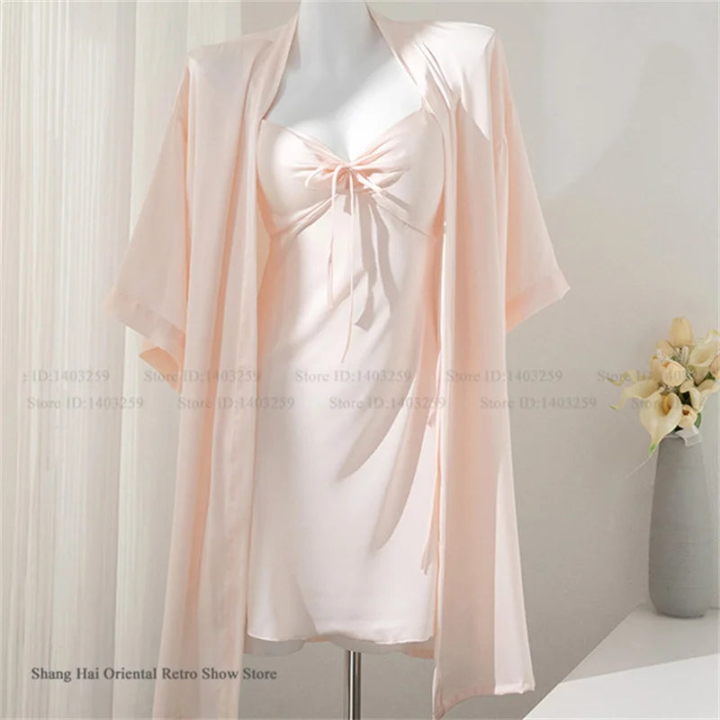 Female 2PCS Robe Nightgown Set Pajama Sexy Suspender Nightdress Lingerie Summer Kimono Bathrobe Gown Rayon Homewear Lounge Wear