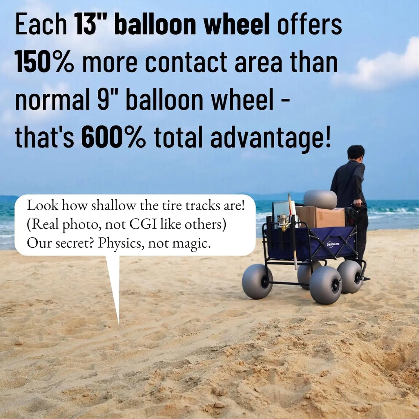 Beach Cart with 13" Balloon Wheels, Collapsible Beach Wagon with Big Wheels for Sand, Pump Included (Beach Wagon)