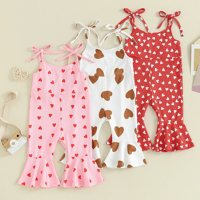 1-5Y Toddler Girls Valentine's Day Jumpsuit Heart Print Sleeveless Tie-Up Spaghetti Straps Bell-Bottoms Romper Overalls Clothes