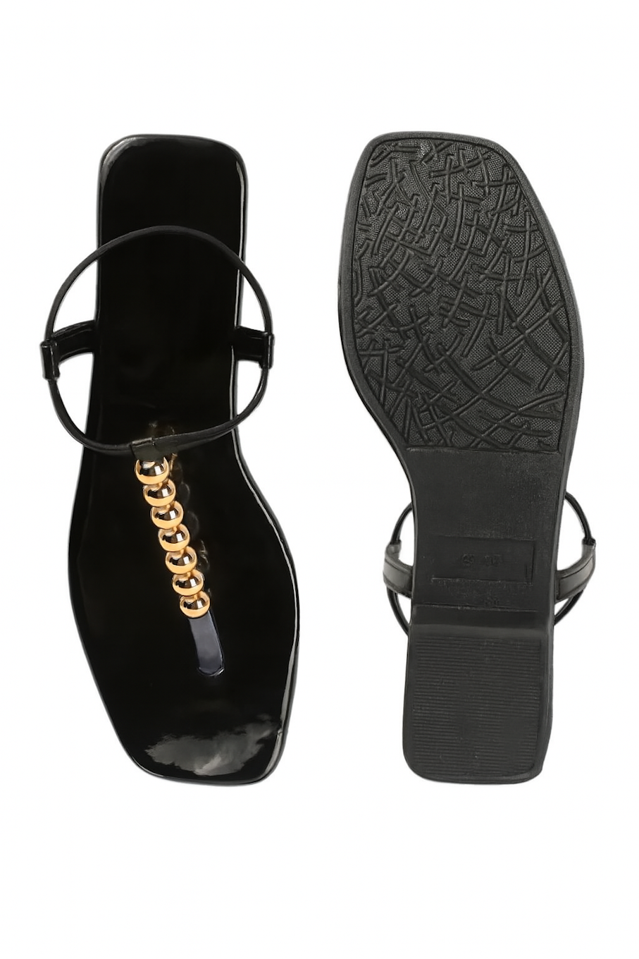 Black T-Strap Flats with Gold Ball Embellishment (Size-5 UK)