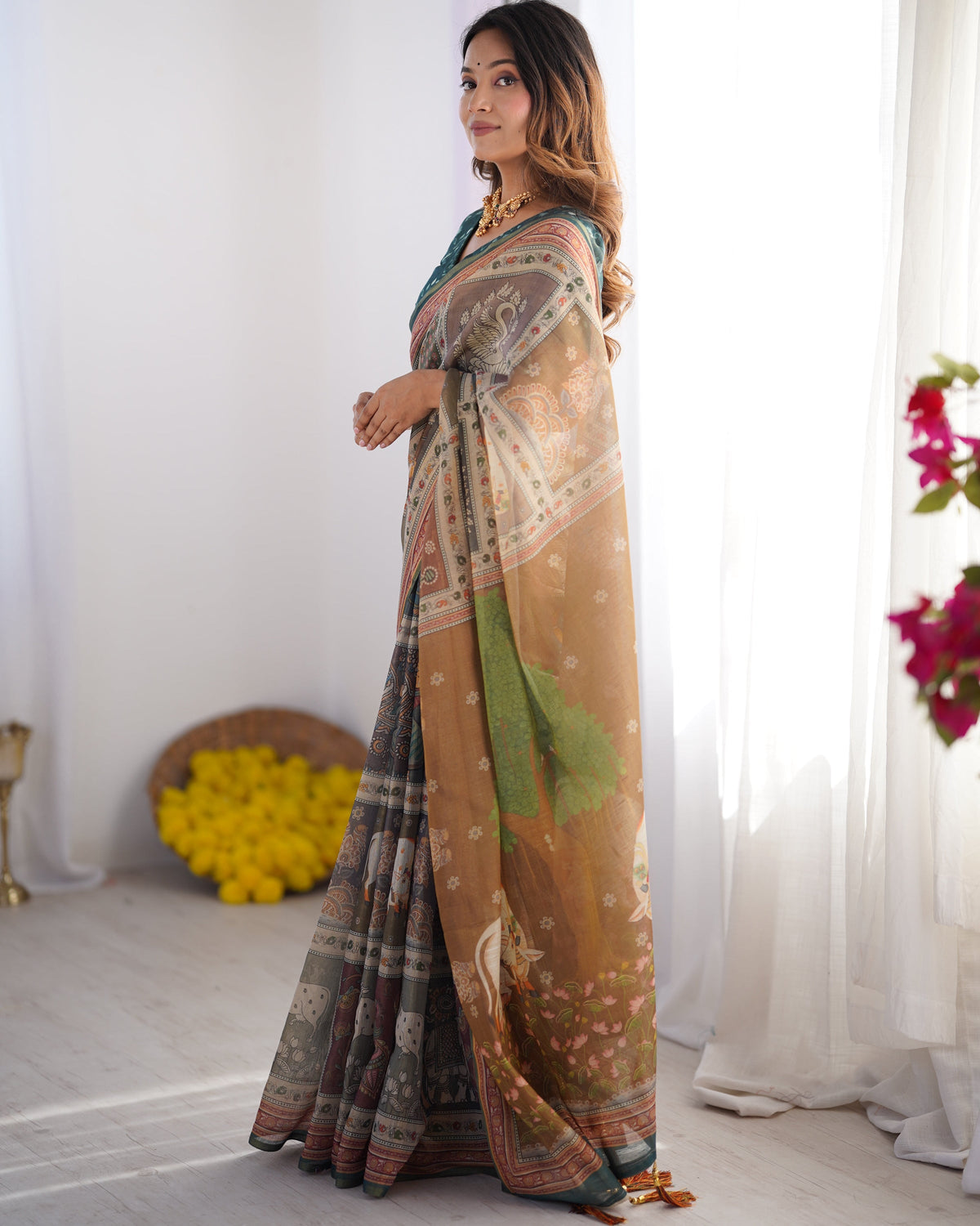 Teal Green & Brown Pure Linen Cotton Handloom Saree with Royal Cow &