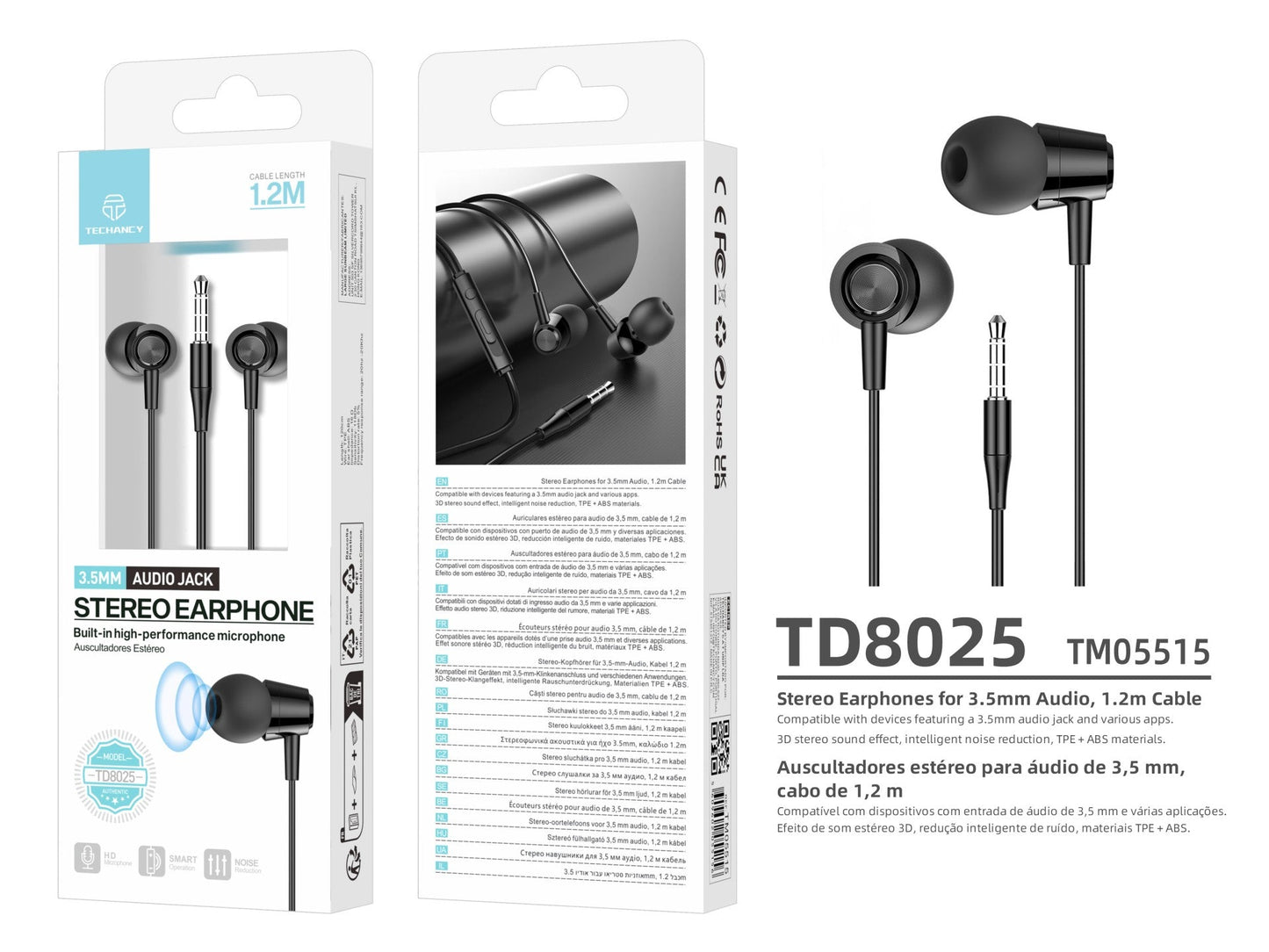 Techancy Auriculares Intra TD8025 Fio 3.5mm Estereo com Microfone Cabo