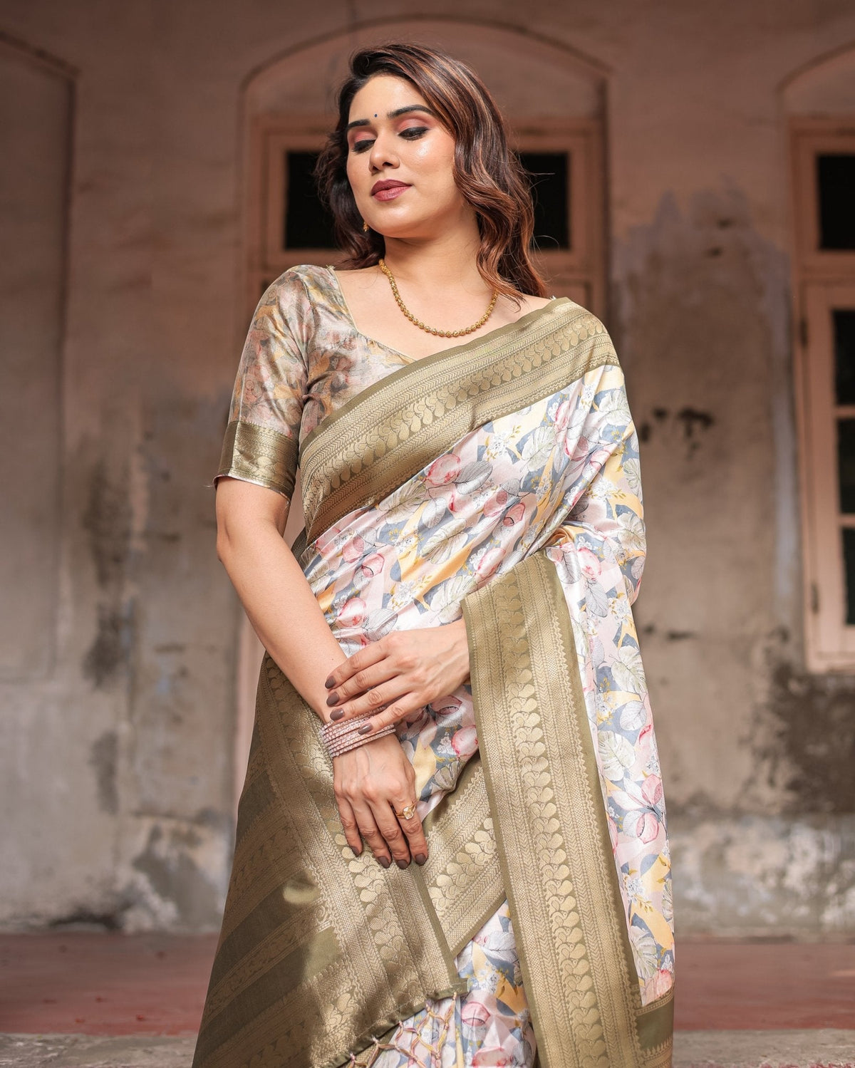 Ivory Banarasi Silk Saree with Gold Zari Border and Multicolor Floral