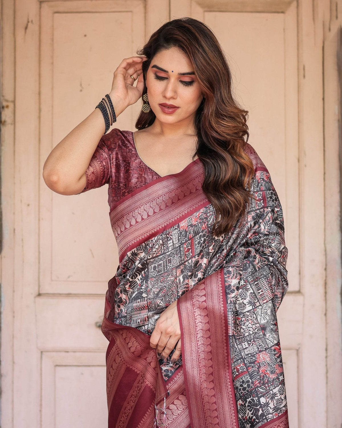 Black and Red Banarasi Silk Saree with Geometric Print and Rich Zari
