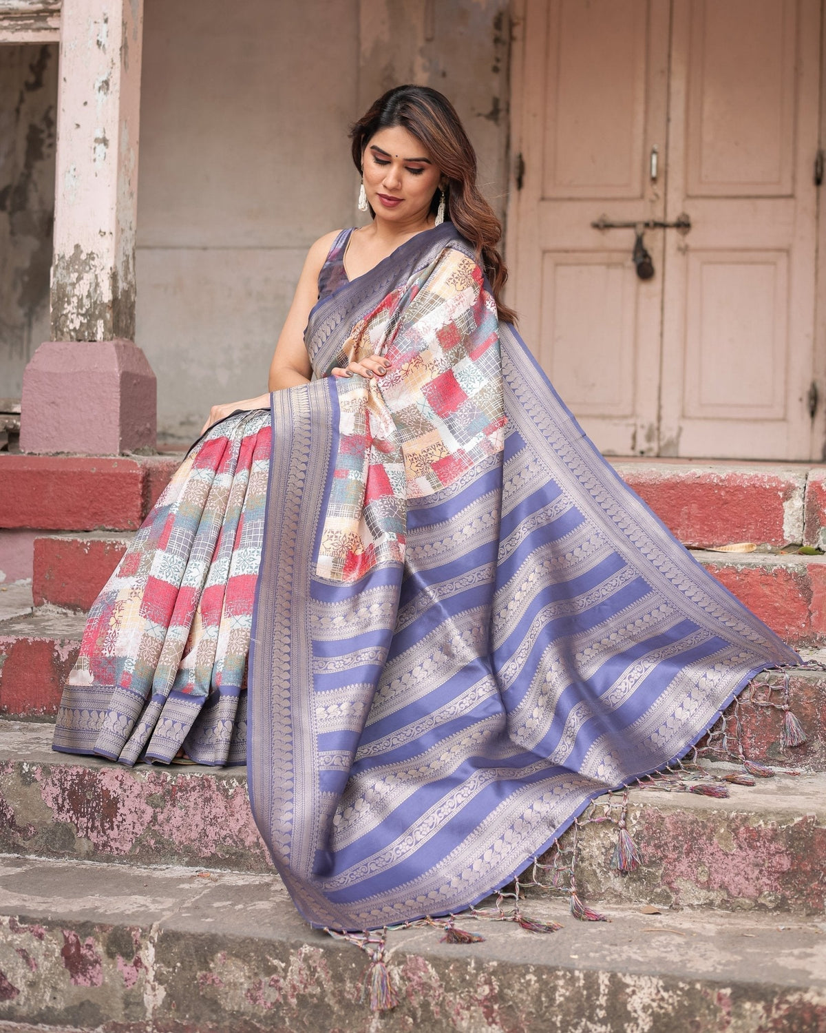 Multicolor Banarasi Silk Saree with Abstract Checkered Print &