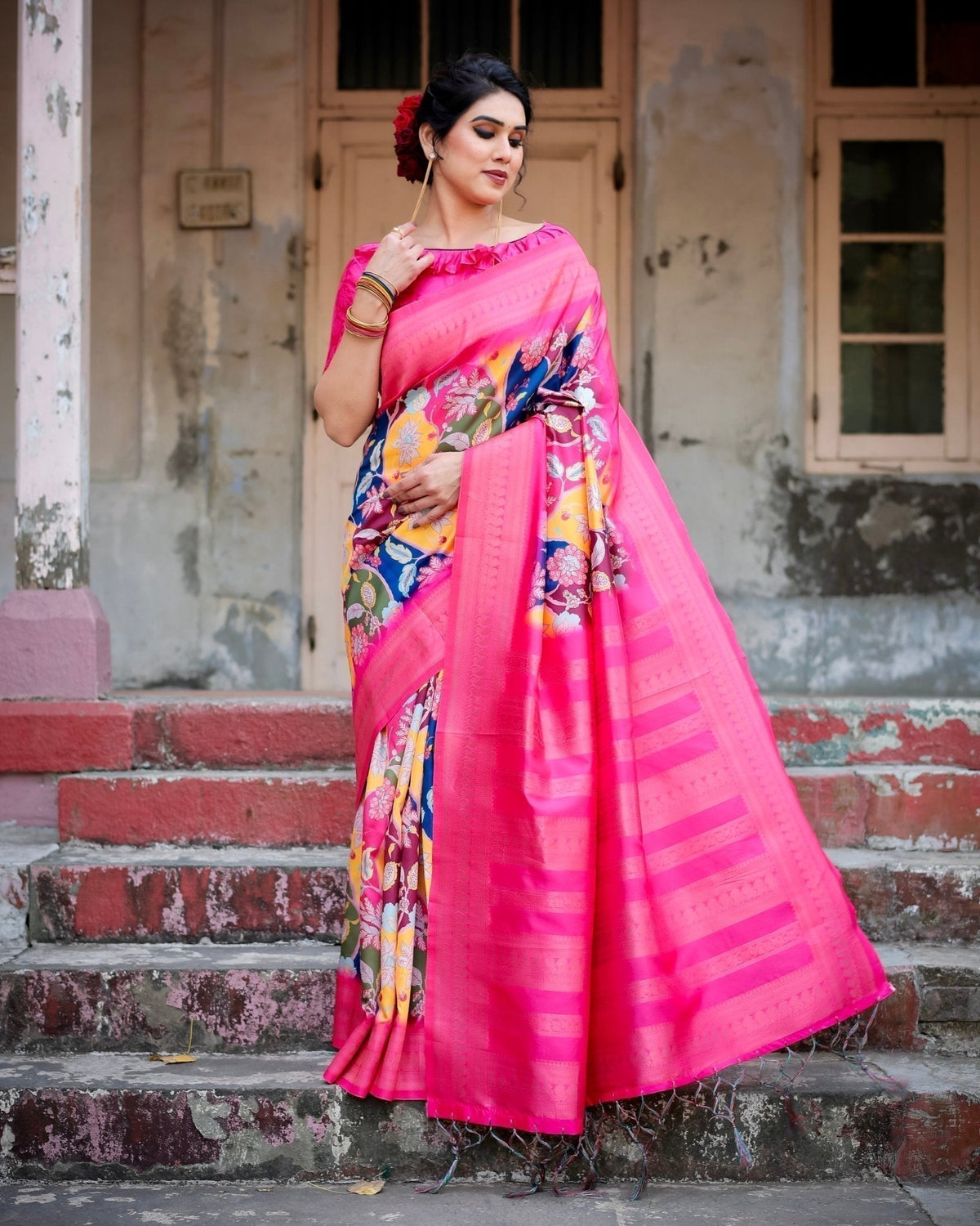 Hot Pink Multicolor Floral Digital Printed Banarasi Silk Saree with