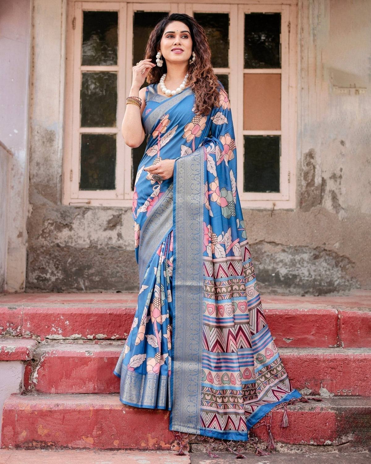 Sky Blue Tussar Silk Saree with Bold Floral Motifs and Chevron Pallu