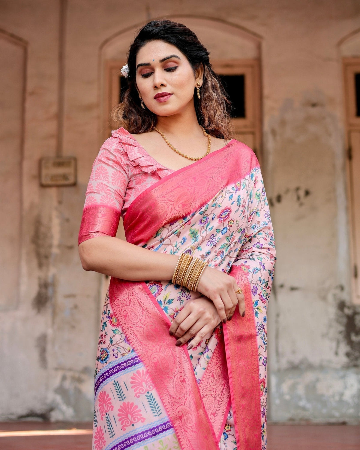 Blush Pink Tussar Silk Saree with Multicolor Floral Design and Zari