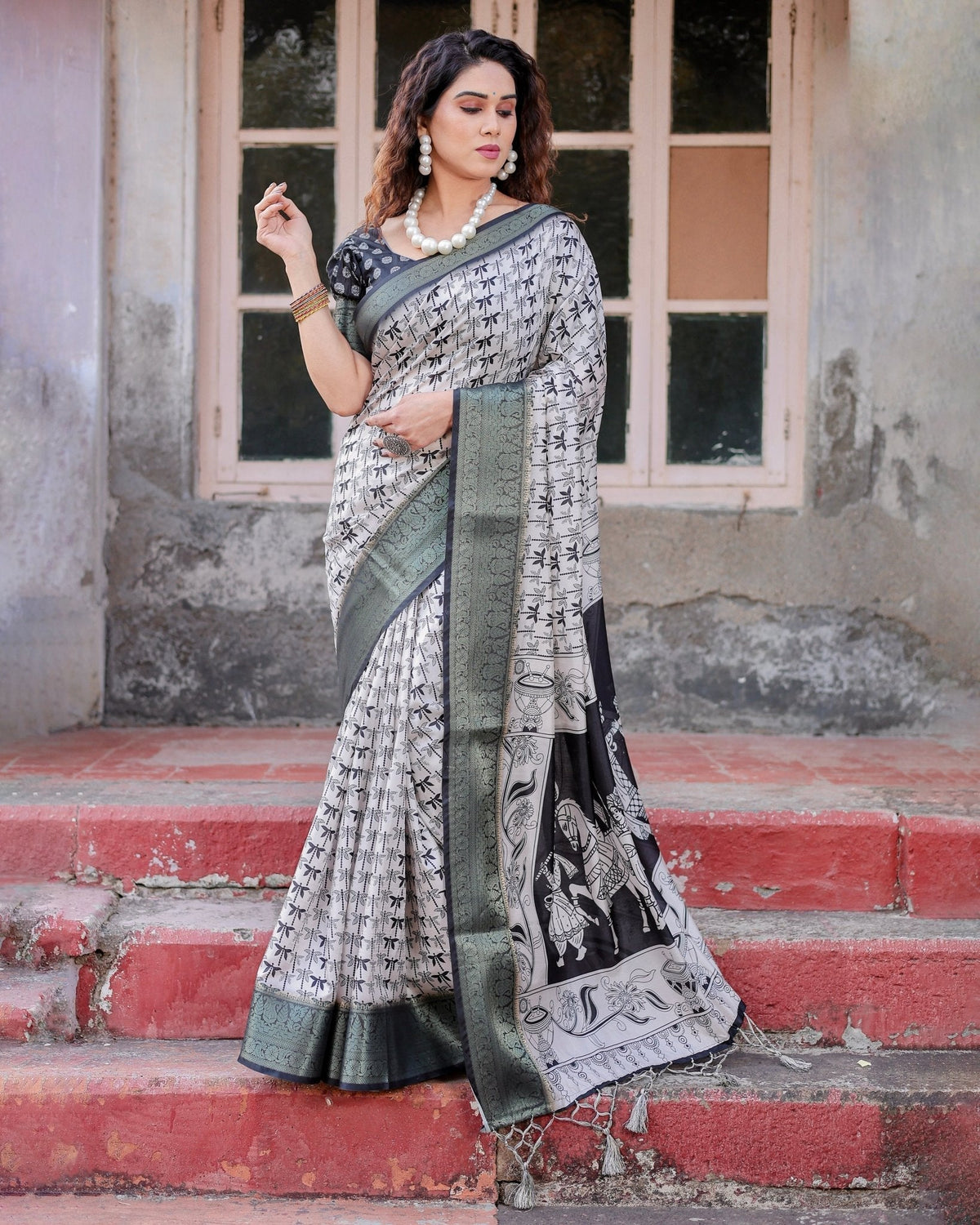 Monochrome White and Black Tussar Silk Saree with Tribal Art Motifs