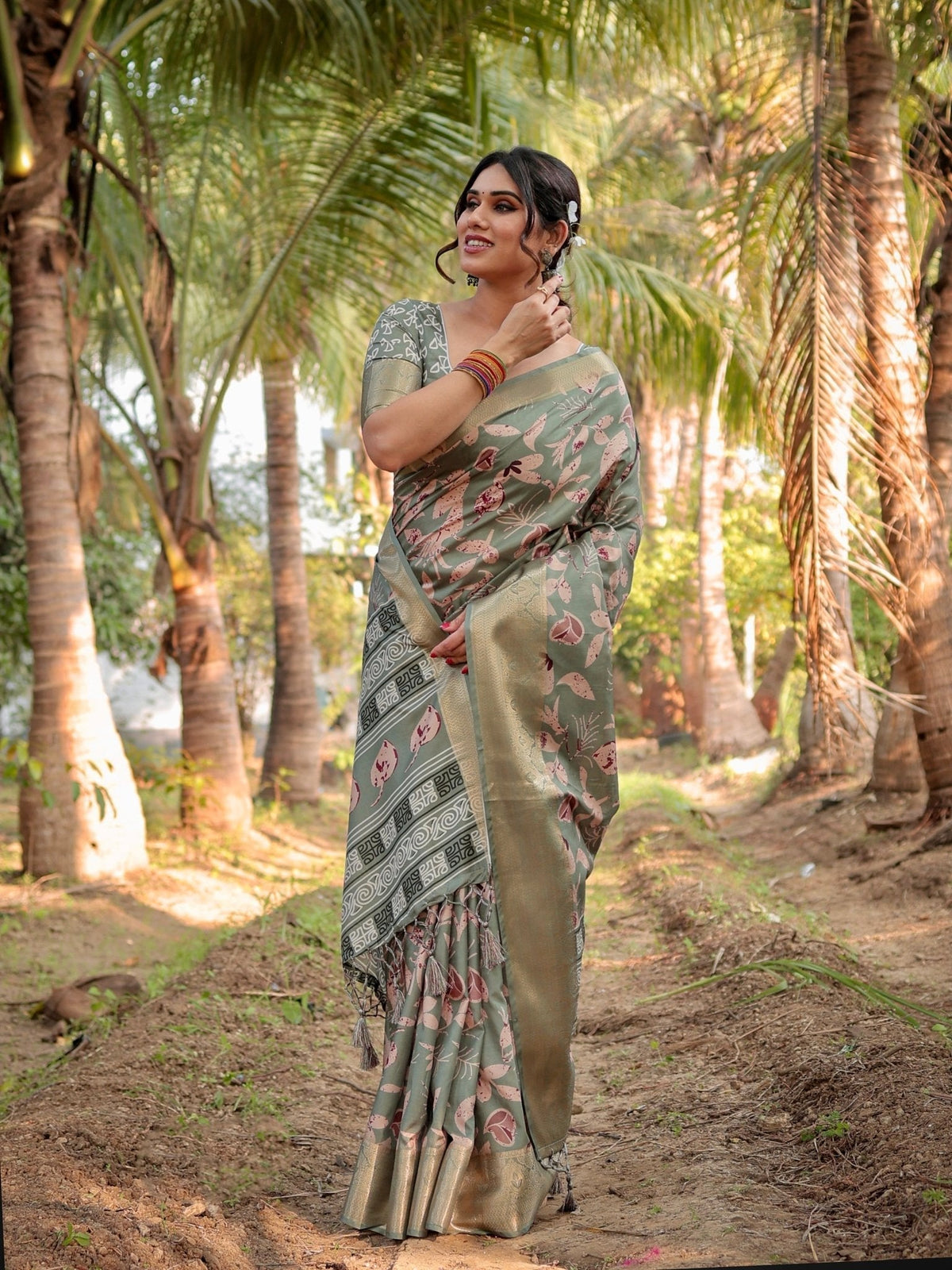 Graceful Olive Green Tussar Silk Saree with Intricate Beige and Maroon