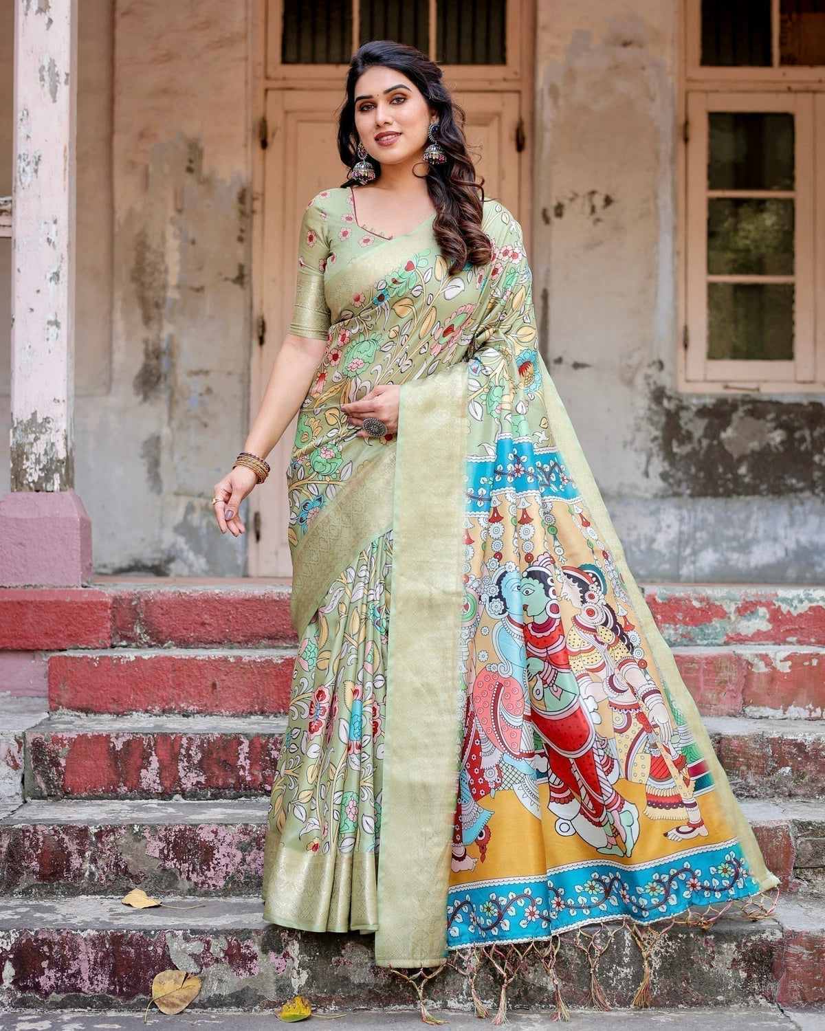 Pastel Green Tussar Silk Saree with Mythological Kalamkari Pallu and