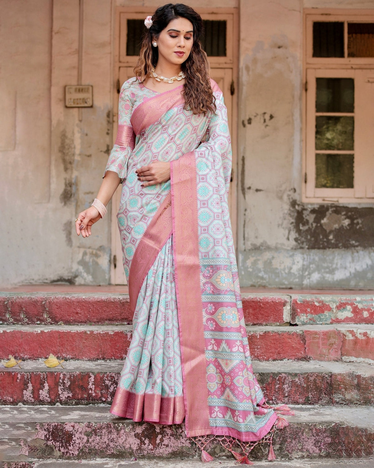 Pastel Pink and Mint Green Geometric Tussar Silk Saree with Zari