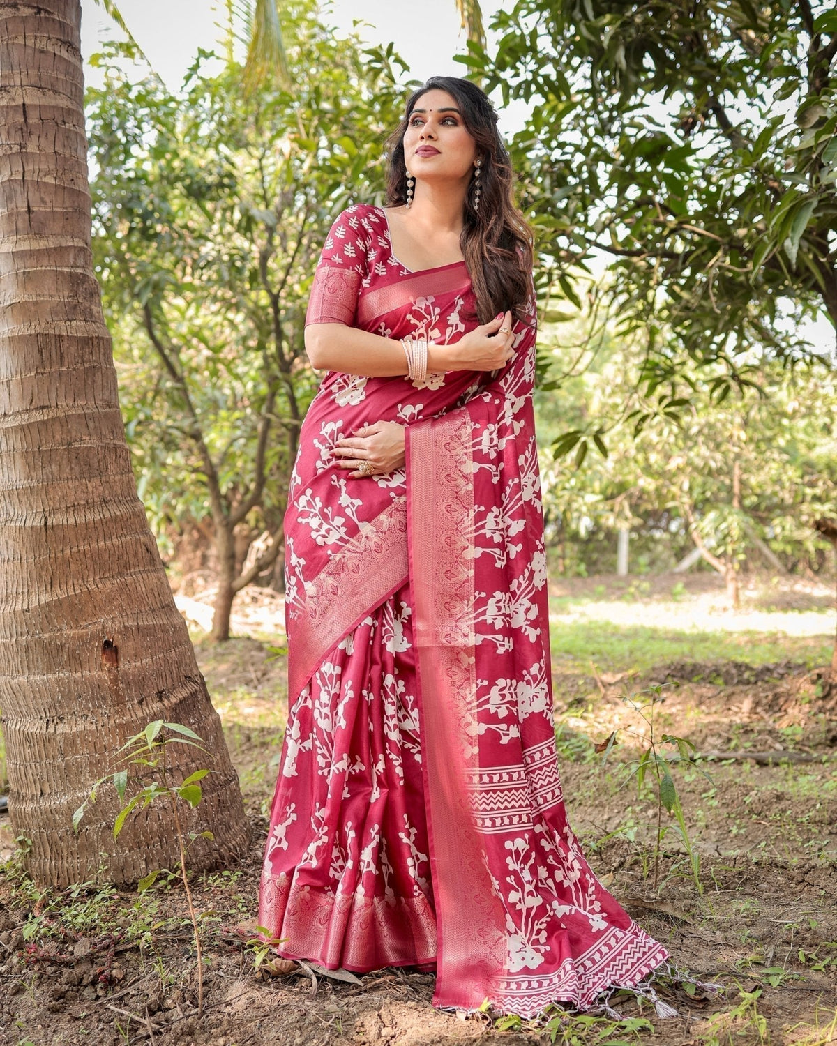 Maroon Tussar Silk Saree with White Floral Motifs, Intricate Zari