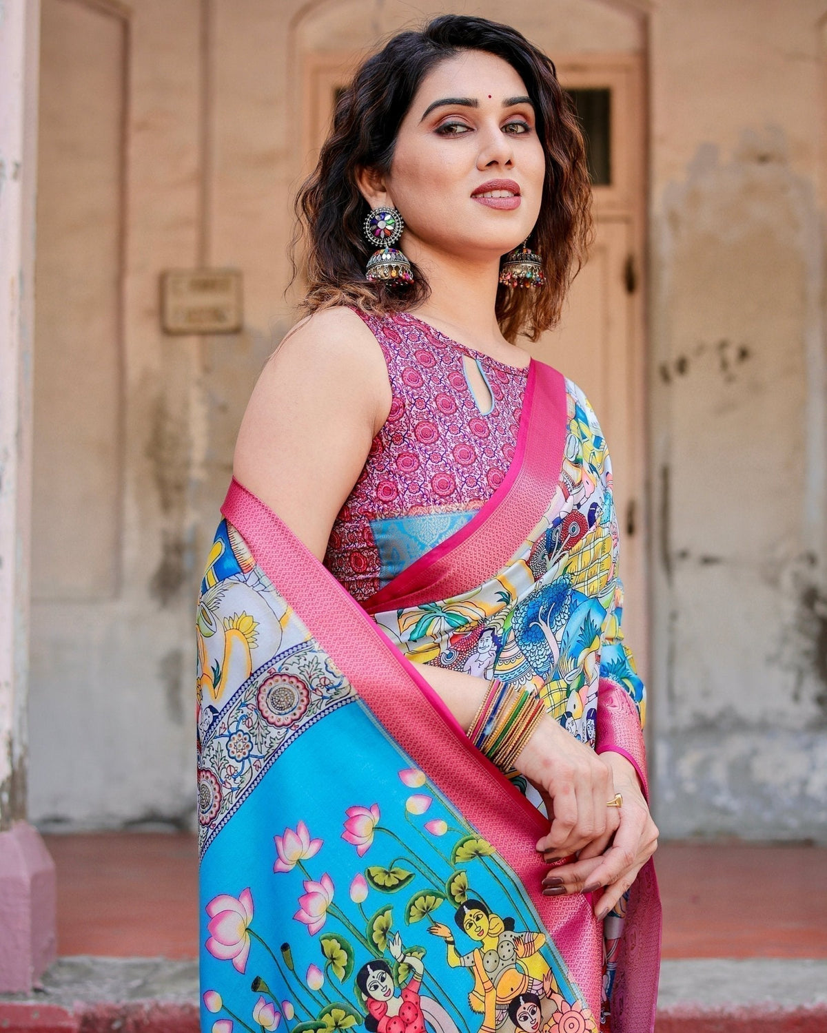 Vibrant Multicolor Digital Printed Tussar Silk Saree with Pink Zari