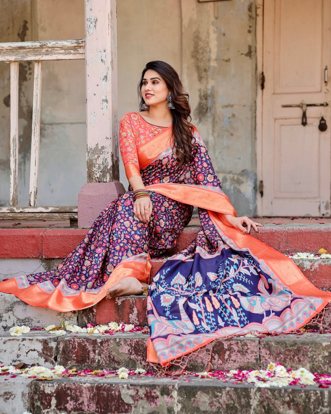 Navy Blue and Peach Tussar Silk Saree with Peacock Motifs and Floral