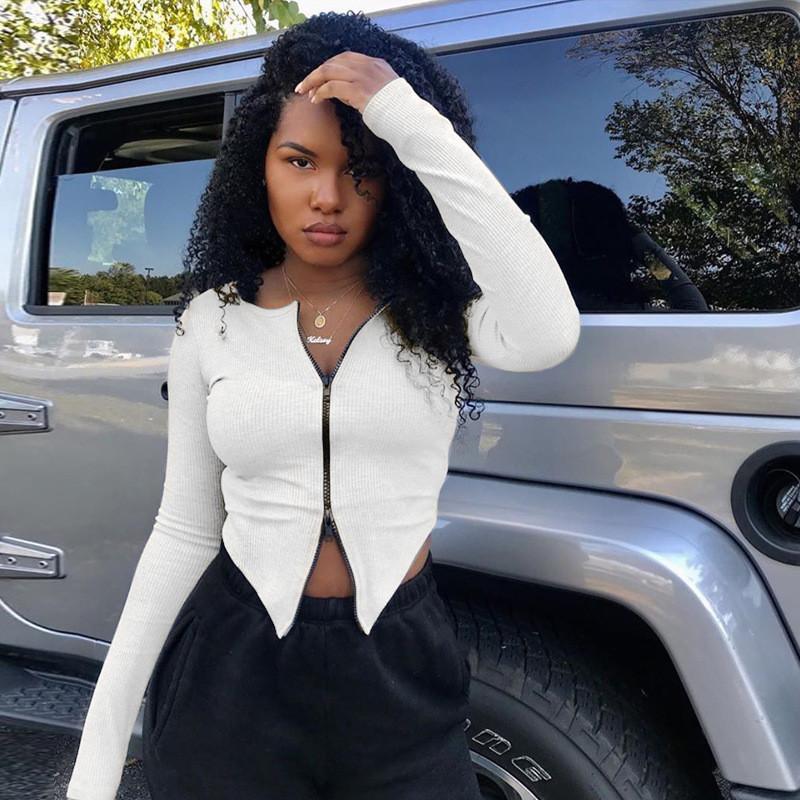 New Sexy T Shirt Women Long Sleeve Zipper Sharp Corners Slim Casual