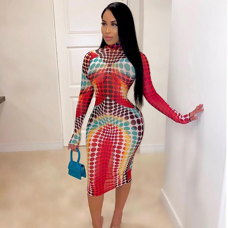 Women dresses Sexy Midi Dress Long robe sleeve T2K Print Polka Dots