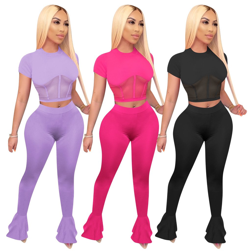 Designer Women 2 Piece Set Sexy Sheer Mesh Patchwork Short Sleeve