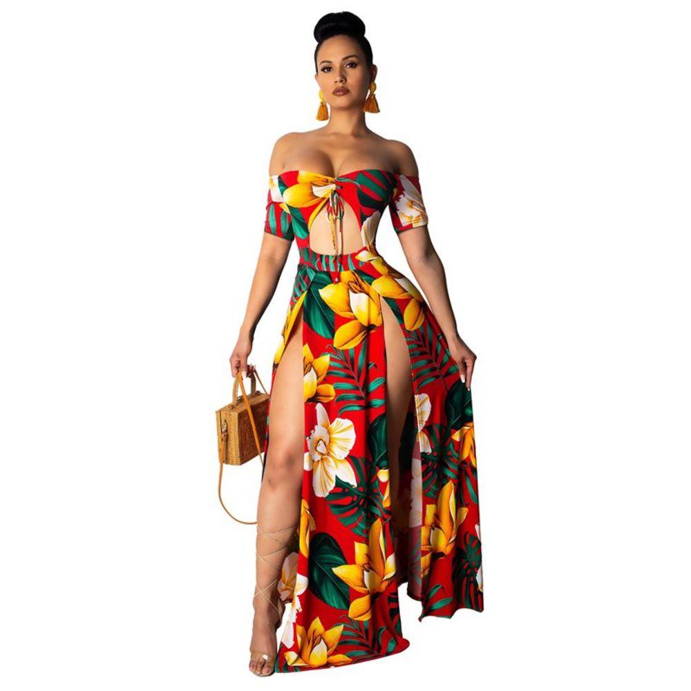 Printed Summer Beach Maxi Dress Strapless Off Shoulder Sexy High Slit
