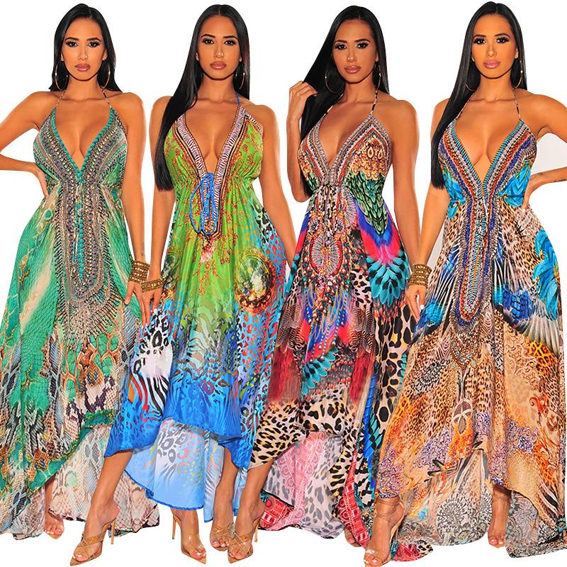Women's Retro Deep V-neck sexy dress bohemia style open back skirt