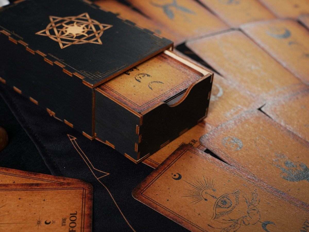 Wooden Tarot Card Box - Engraved Sun and Stars