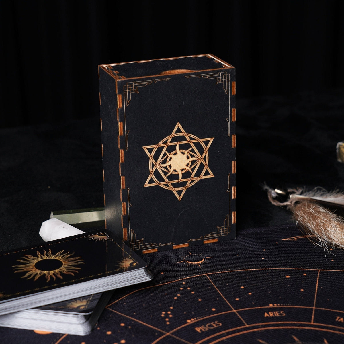 Wooden Tarot Card Box - Engraved Sun and Stars