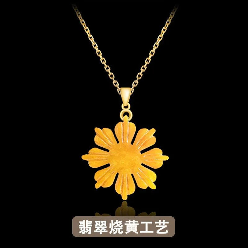 Myanmar Jade Sunflower Pendant Necklace Real Burmese Jadeite Amulet Natural Jewelry Carved Fashion 18K Gold Plated Choker