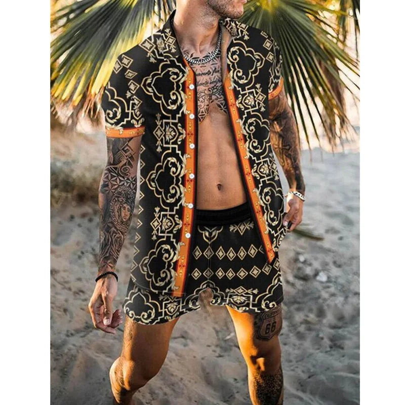 Summer Men's Shirt Loose Short Sleeve Shorts Beach Suit Quick Drying