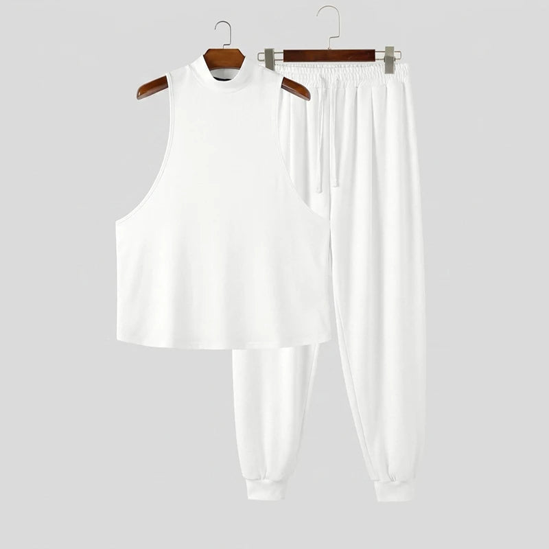 INCERUN Men Sets Solid Color Turtleneck Sleeveless Tank Tops Pants Two Piece Sets Streetwear Casual Men Matching Sets Tracksuits