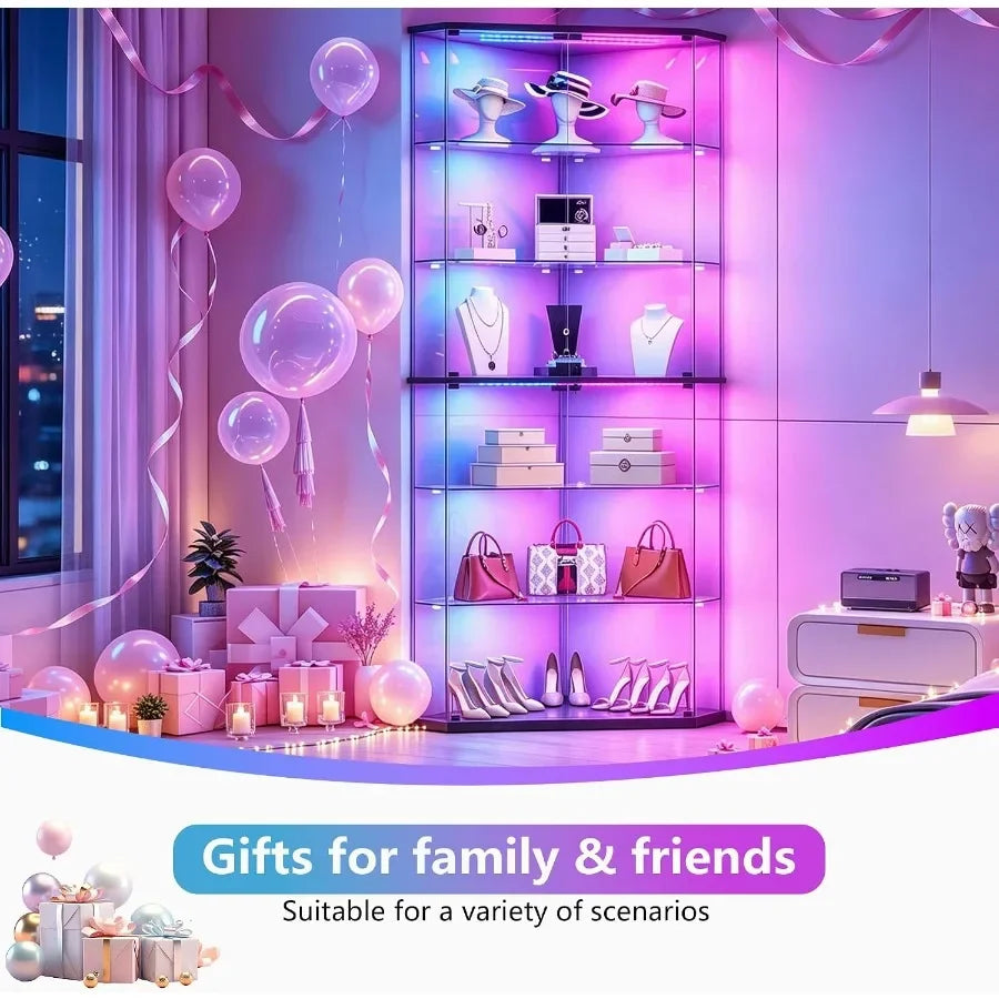 6-Tier Corner RGB LED Glass Display Cabinet with Human Sensor