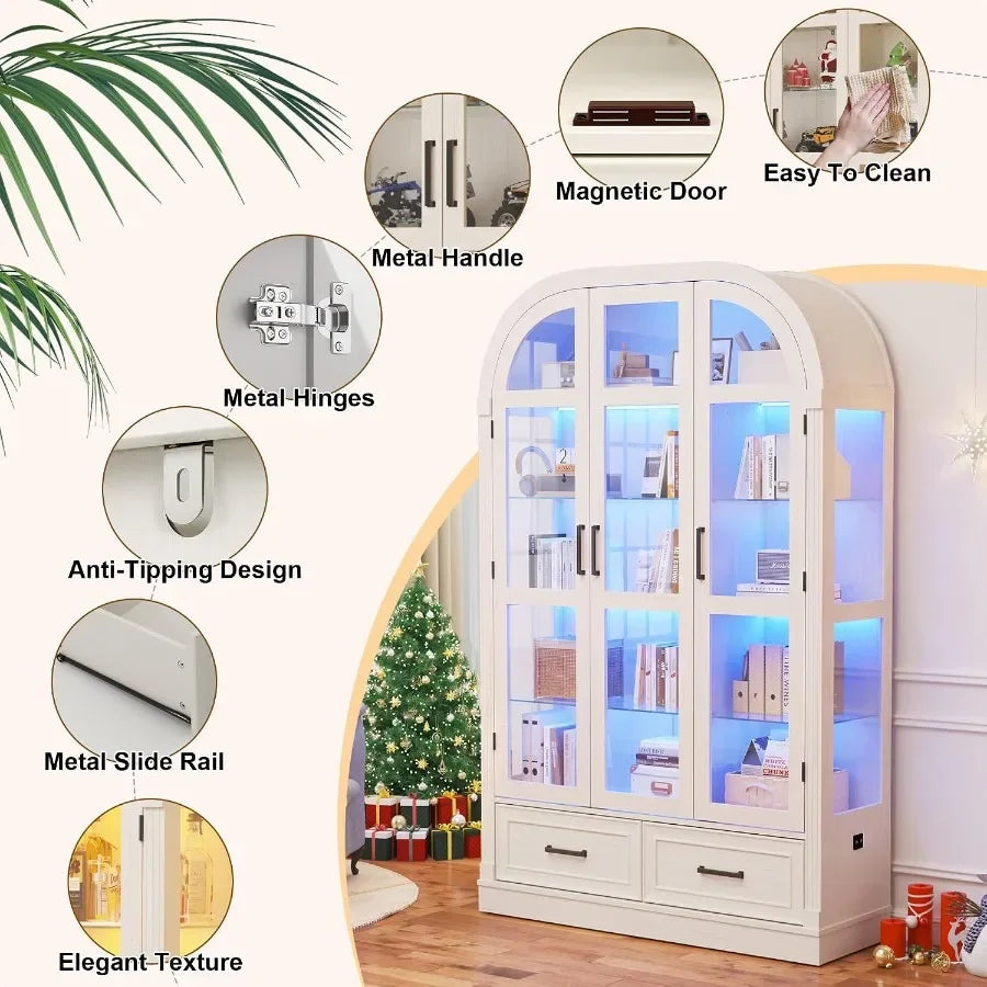 74" Arched Display Cabinet with Glass Doors and Drawers, Motion Sensor 3-Color Lights, Glass Curio Cabinet, 5-Tier Showcase for