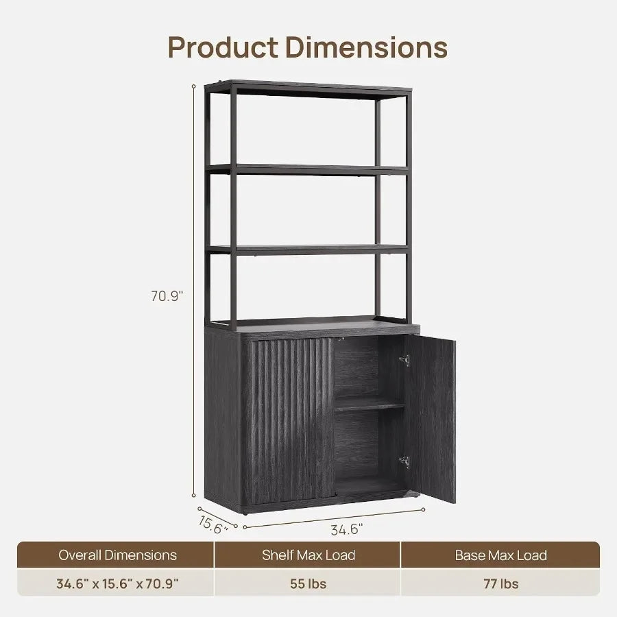 71 Tall Book Shelf with Doors, 5 Tier Bookcase for Living Room, Engineered Wood, White, Space-Saving Design with Adjustable She