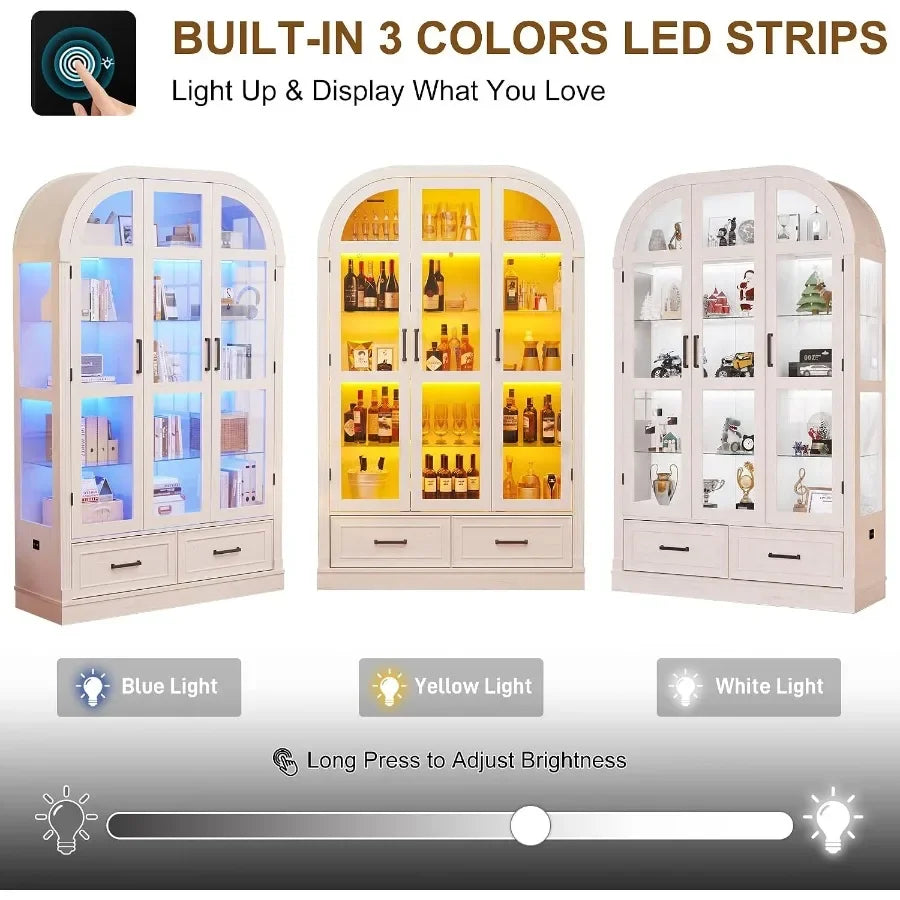 74" Arched Display Cabinet with Glass Doors and Drawers, Motion Sensor 3-Color Lights, Glass Curio Cabinet, 5-Tier Showcase for