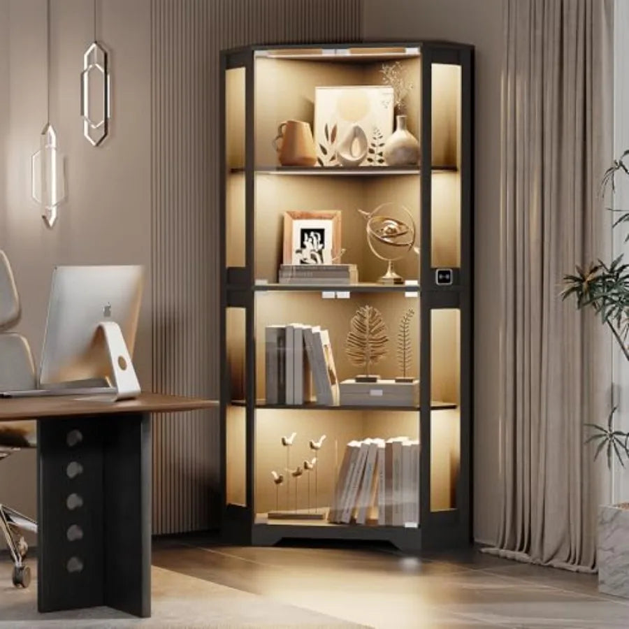 Lighted Corner Display Cabinet with Glass Doors for Collectibles