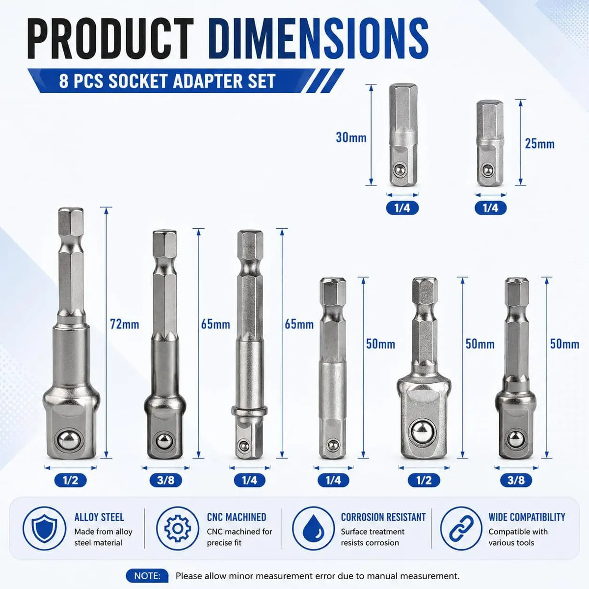 8Pcs Impact Socket Adapter Set, 1/4 3/8 1/2 Hex Shank Square Nut Driver Extension Bit Set for Power Drill Impact Driver Tool