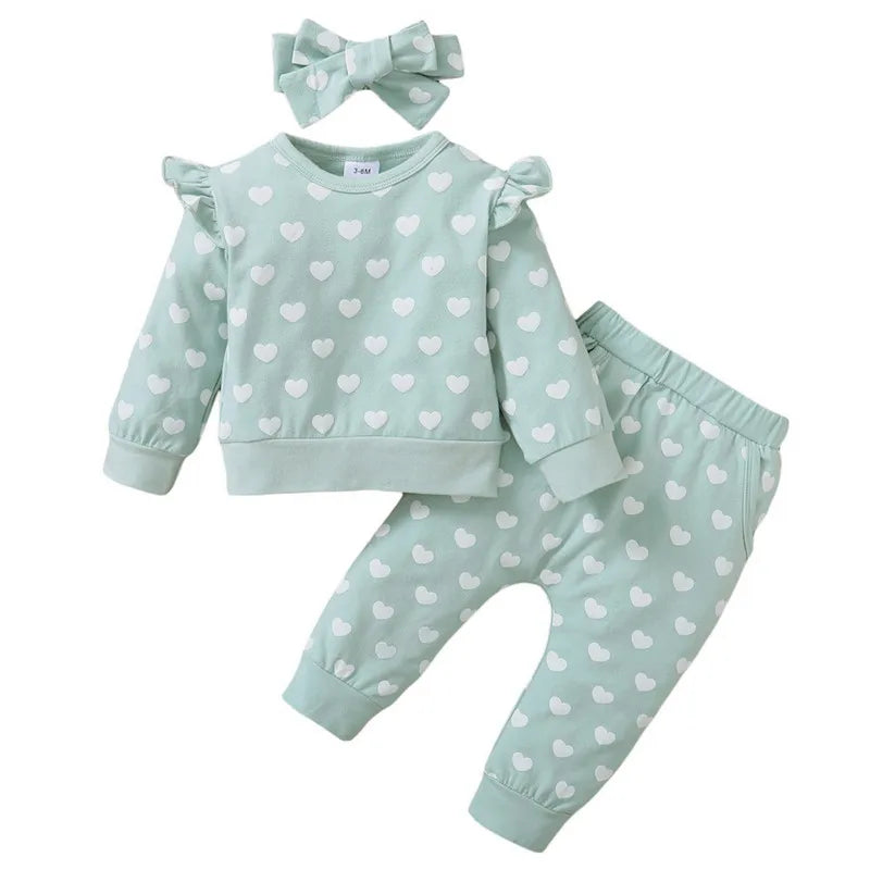 Newborn Baby Girl Pant Sets Autumn Clothes Heart Long Flying Sleeves Tops and Pants Bow Headband Baby Items Clothing