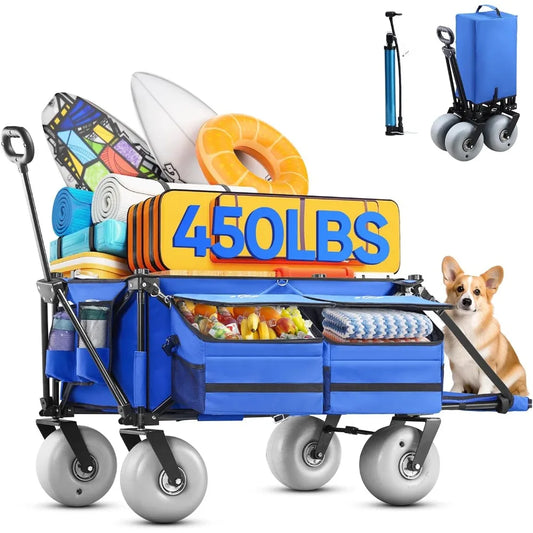 Beach Wagon, with Big Wheels for Sand, 260L Extra Large Beach Cart with 9" All-Terrain Balloon Wheels, Heavy Duty Folding Wagon