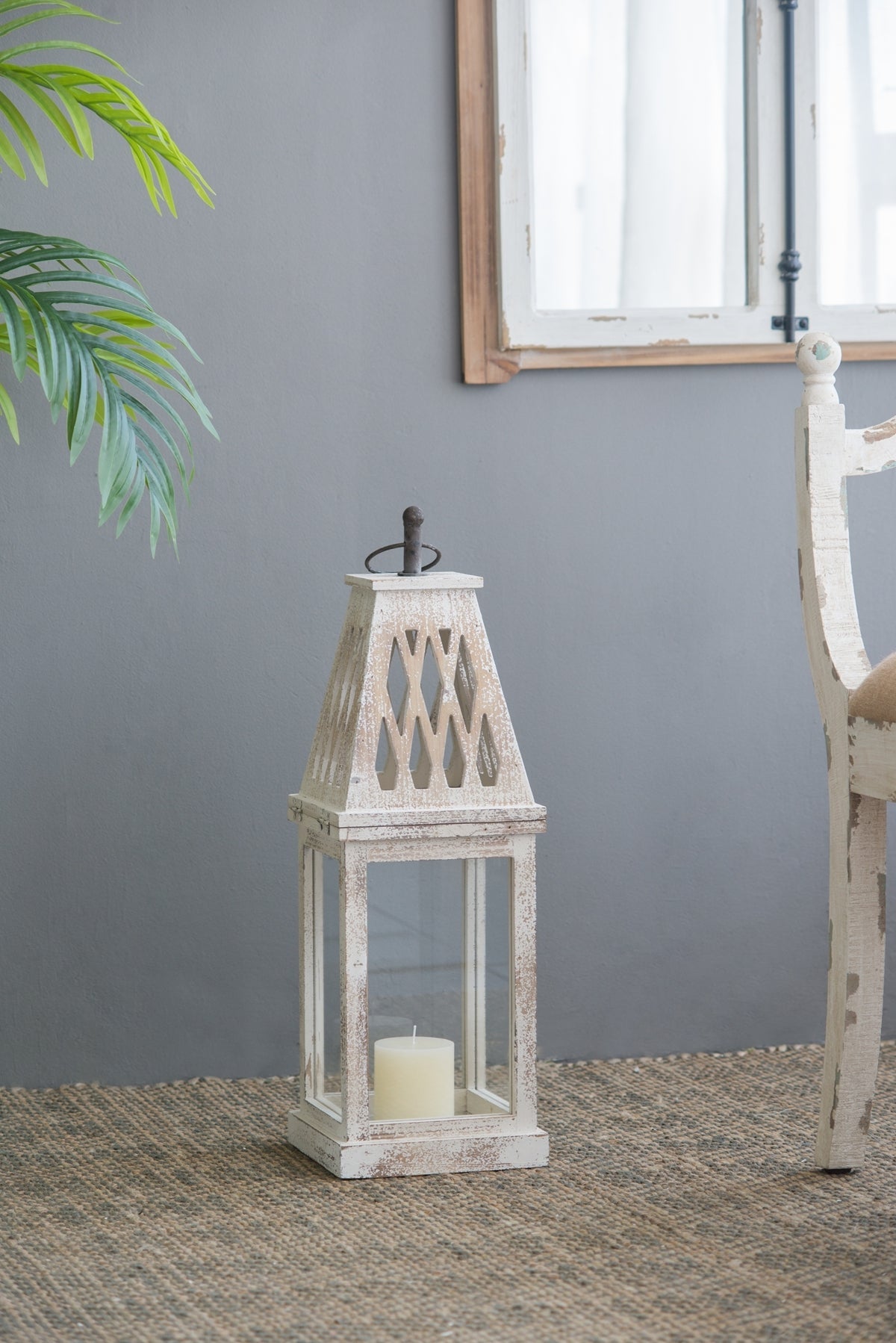 Set of 2 Rustic White French Country Wood & Glass Lanterns